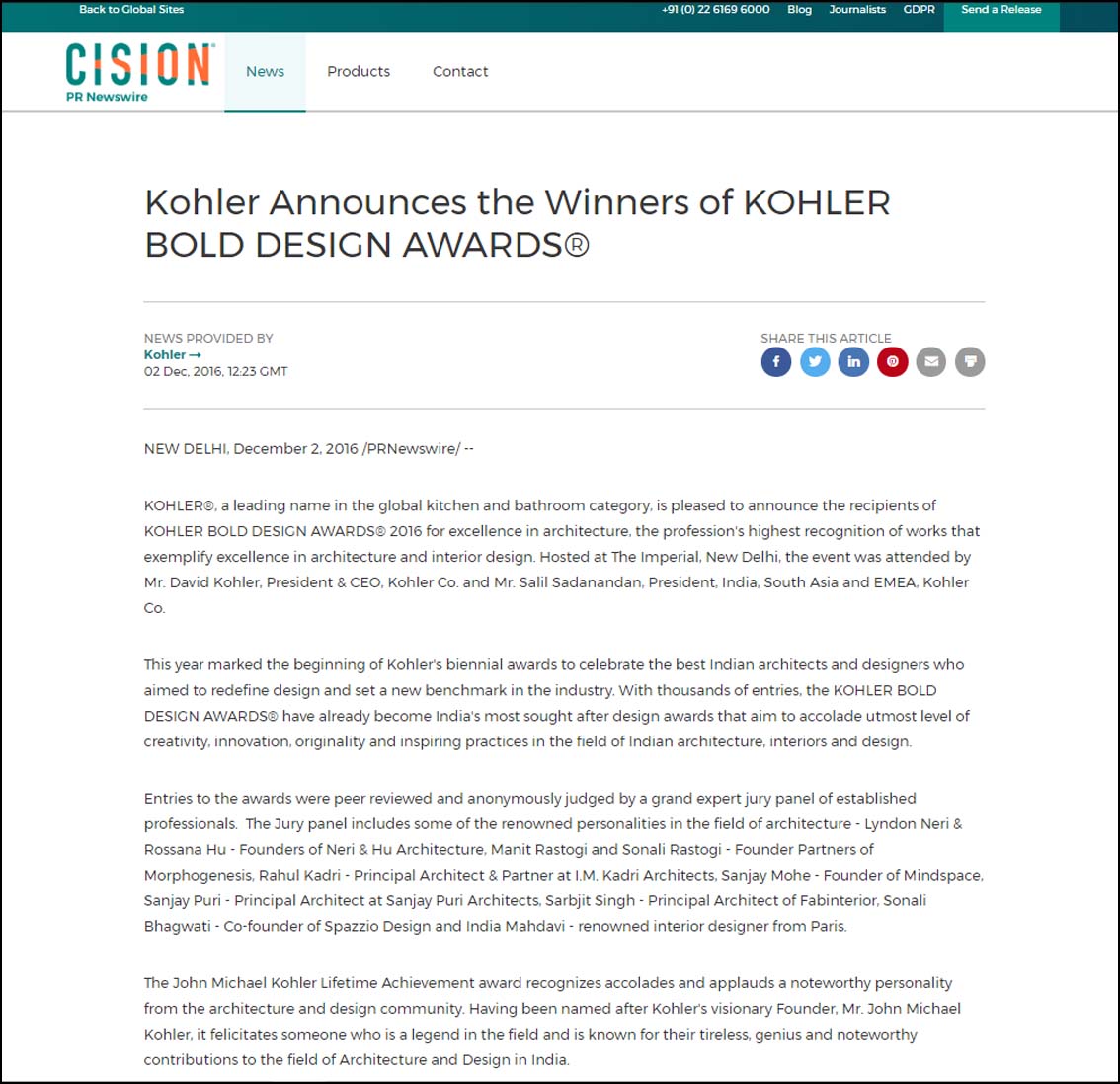 Kohler Announces the Winners of Kohler Bold Design Awards - December 2016